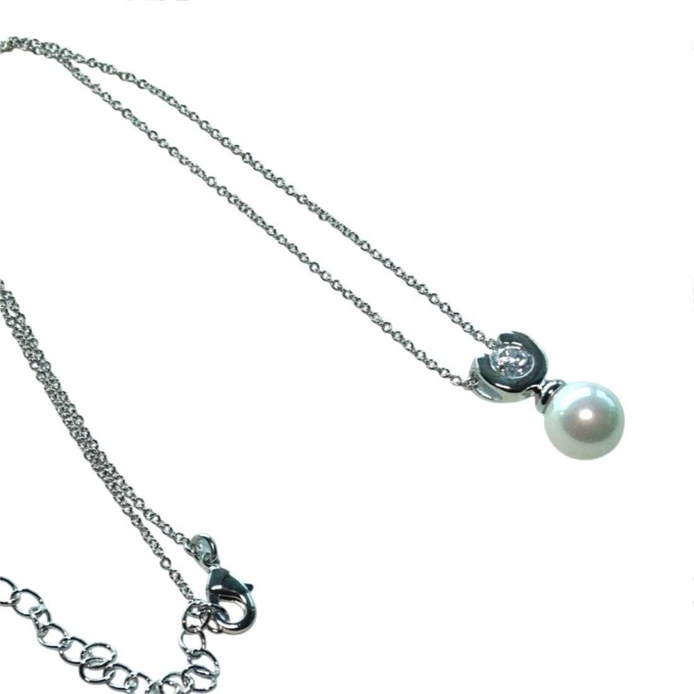 Necklace Sterling Silver White Pearl Cubic Zirconia Lobster Clasp Classic New